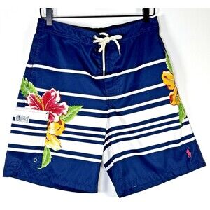 Polo Ralph Lauren Swim Shorts Men Medium Navy White Stripe Floral Hibiscus Trunk